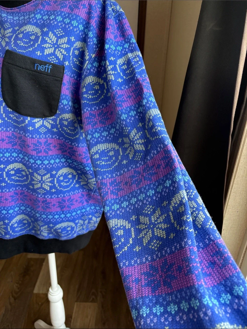 Neff Blue Fair Isle Crewneck Sweatshirt Front Pocket Streetwear Ski Medium
